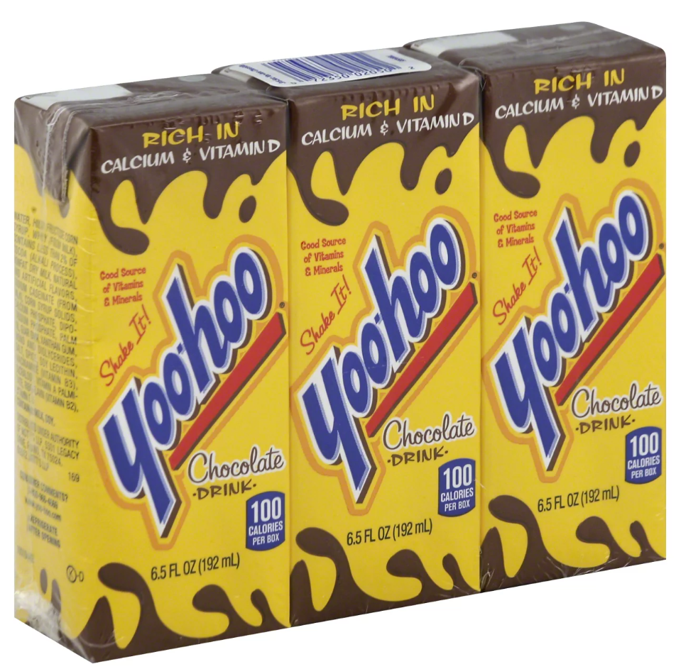 3 boxes of yoohoo (because it starts with the letter Y)